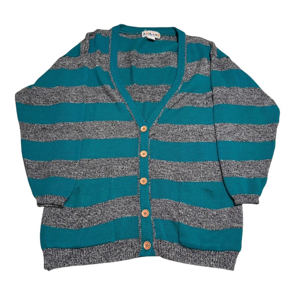 Vintage‎ Amilano Acrylic Gray Teal Striped Cardigan Sweater Women's L Oversized